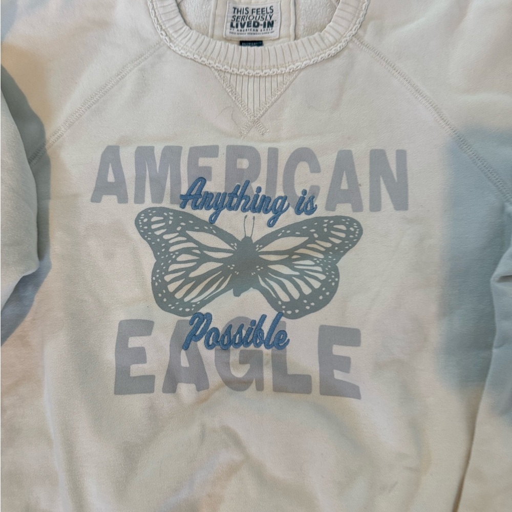 American Eagle  women’s XS Cream with blue accents feels lived in crew neck. - Picture 3 of 7